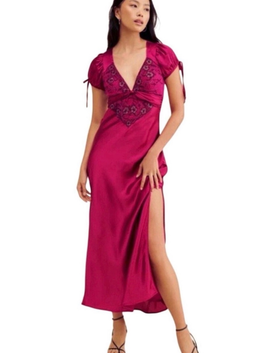 Free People Magenta Satin Lace-Trim Slip Dress
